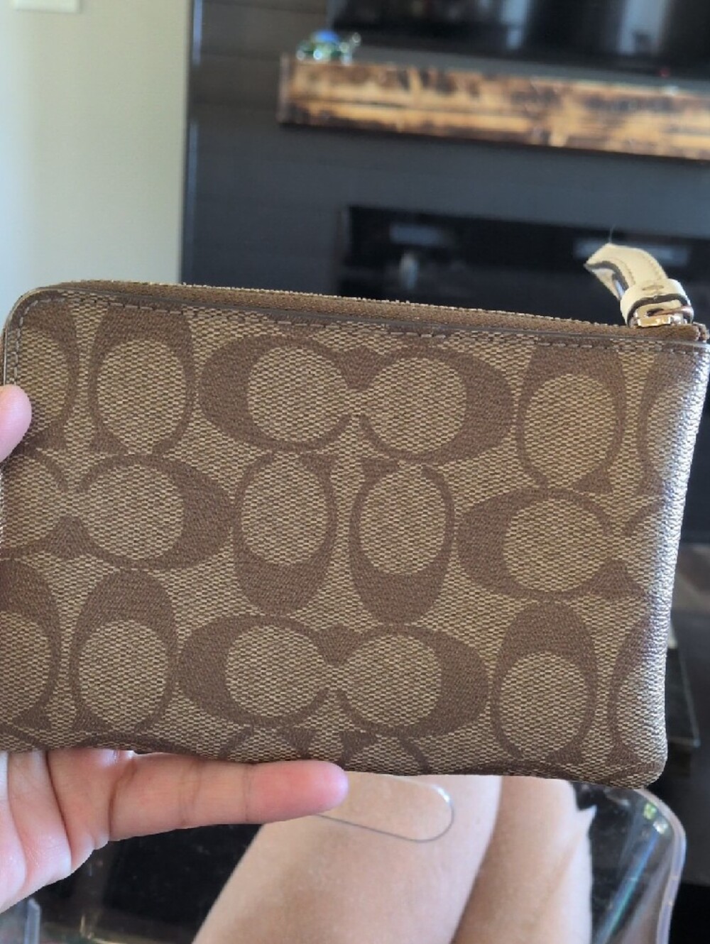 Coach Tan Signature Canvas Wristlet with White Center Stripe - Picture 2 of 6
